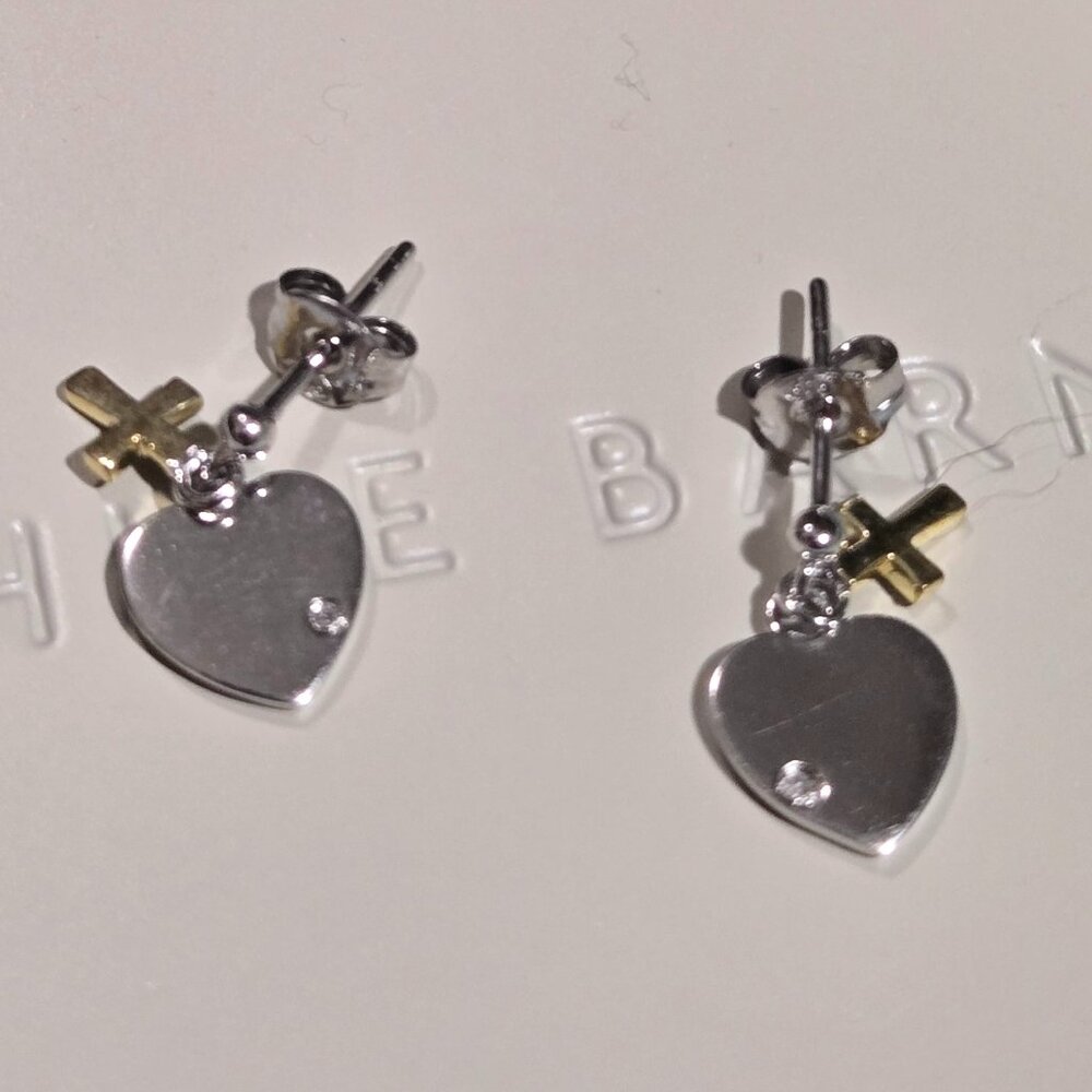 Heart and Cross Earrings, two-tone, Sterling Silver dangle earrings
